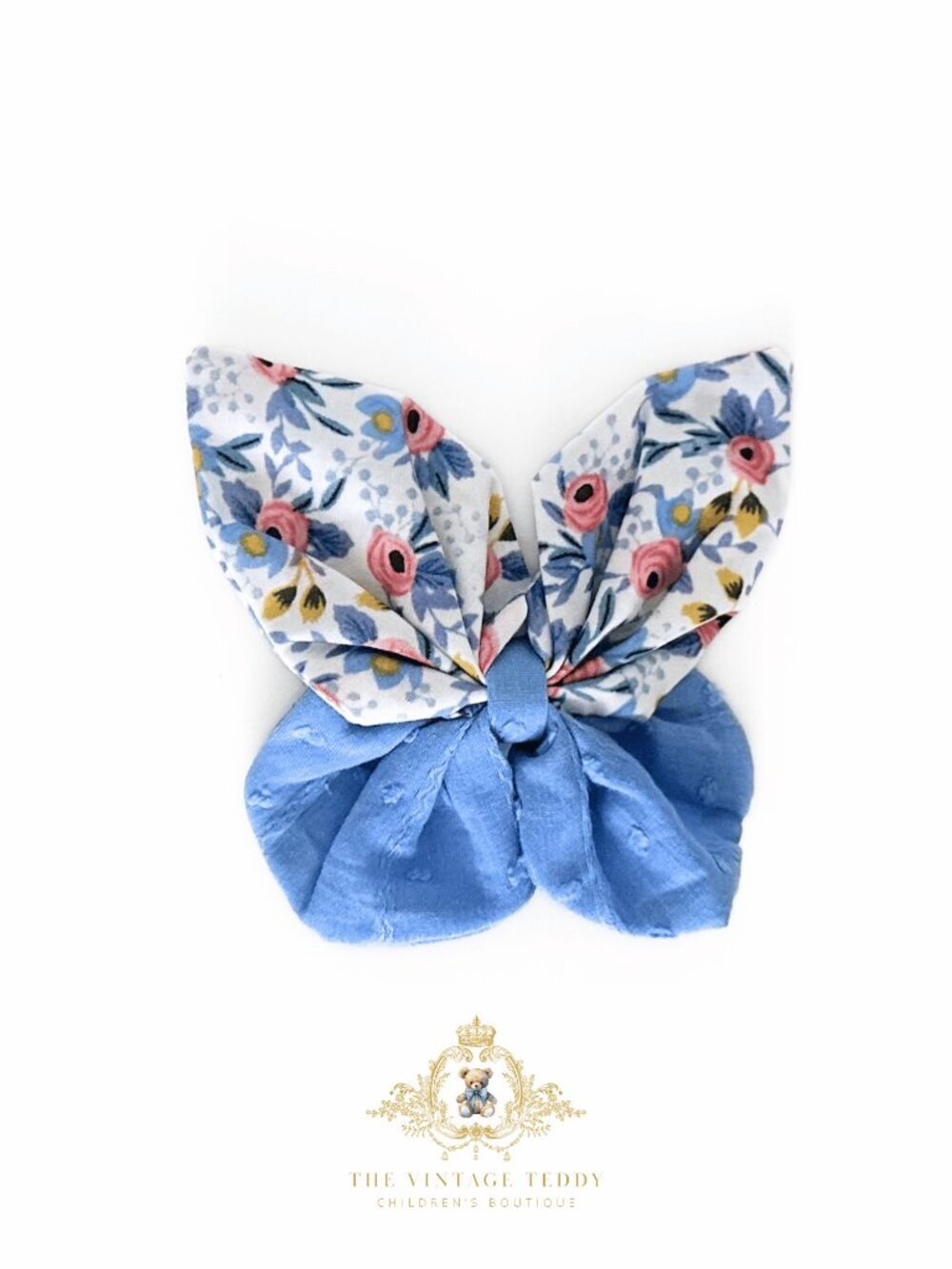 NWT Lovely Girls Butterfly Hair Bow Floral & Solid Fabric Blue & Pink 4" Inch